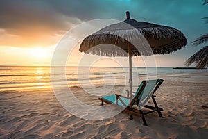 Beautiful Beach View with Nature Landscape Background and Gazebo Chair at Sunset