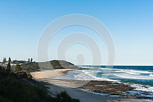 Beautiful beach view in sunny day with cloudless blue sky in Ballina, Australia