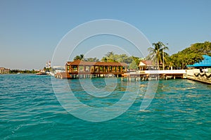 Beautiful beach with water bungalows at Maldives.