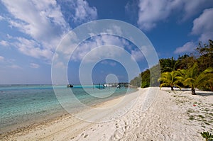 Beautiful beach with water bungalows at Maldives.