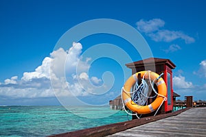 Beautiful beach with water bungalows at Maldives