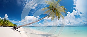 Beautiful beach with white sand, blue sky with clouds, turquoise ocean, and palm tree above the water on a sunny day.