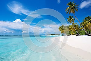 Beautiful beach with white sand, turquoise ocean, blue sky with clouds and palm tree over the water on a Sunny day. Maldives