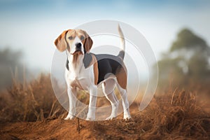 Beautiful Beagle dog outdoors against autumn field background.