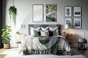 Beautiful bedroom decorated with lamp,carpet, vase in a modern style with beautiful light in the morning created with geerative AI