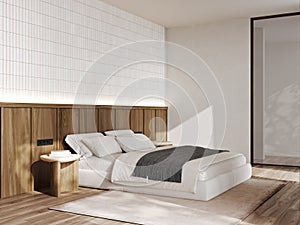 Beautiful Bedroom Interior design modern with wooden wall background. 3d rendering