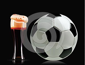 Beautiful beer glass and soccer ball. Photo-realistic vector illustration of dark beer and football on black background.