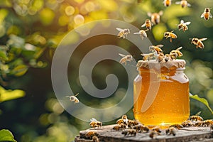 Beautiful bees hovering over a delicious jar of organic honey, natural background scene