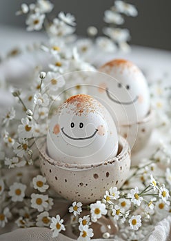 Beautiful beige colors morning table Two smiling eggs decoration with lace tablecloth and chamomile flowers. Breakfast eggs -