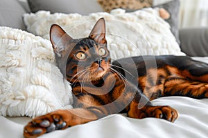 Beautiful Bengal Cat Lounging Comfortably on a Fluffy White Blanket at Home, Vivid Close up Portrait with Sharp Details