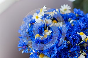 Beautiful big bouquet of wild flowers of cornflowers and daisies standing on a table in a pot