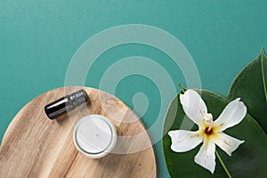 Beautiful big ficus leaves tropical flower essential oil bottle candle wood board green background. Organic Cosmetics Wellness spa
