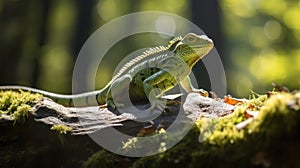 Beautiful big green lizard basking in the sun in the forest, selected focus