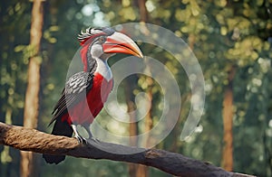 Beautiful big hornbill on branch in deep forest, AI generated