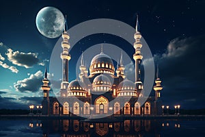 Beautiful Big Mosque Worship Place Islamic Muslim Religion with Full Moon and Clouds at Night