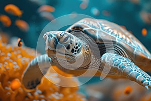 Beautiful big sea turtle. Underwater scene near a coral reef