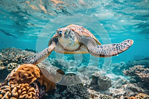 Beautiful big sea turtle. Underwater scene near a coral reef