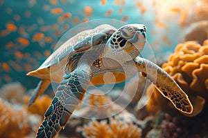 Beautiful big sea turtle. Underwater scene near a coral reef