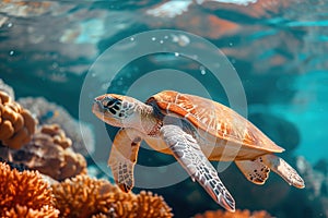 Beautiful big sea turtle. Underwater scene near a coral reef