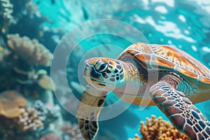 Beautiful big sea turtle. Underwater scene near a coral reef