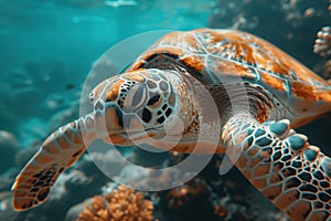 Beautiful big sea turtle. Underwater scene near a coral reef