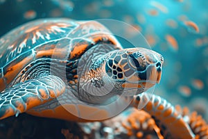 Beautiful big sea turtle. Underwater scene near a coral reef