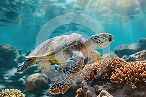 Beautiful big sea turtle. Underwater scene near a coral reef