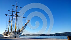 Beautiful big ship with matches near the shore of Tivat