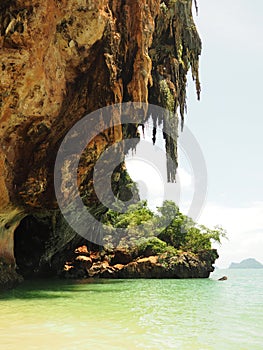 Beautiful Big stalactite Rock At Pranang Beach Krabi, Thailand