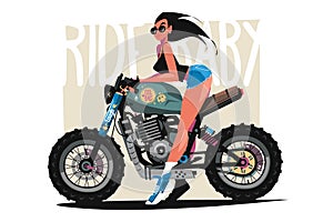 Beautiful biker girl riding motorbike