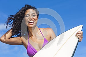 Beautiful Bikini Woman Girl Surfer & Surfboard Beach