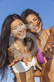 Beautiful Bikini Women Girls Laughing At Beach