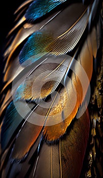 Beautiful bird feathers background, close up. Colorful feathers texture.