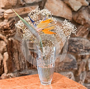 Beautiful bird of paradise flower arrangement in a crystal vase