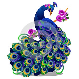 Beautiful bird peacock sitting on a perch with flowers isolated on white background. Vector cartoon close-up