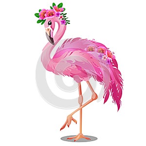 Beautiful bird pink flamingo with flowers isolated on white background. Vector cartoon close-up illustration.