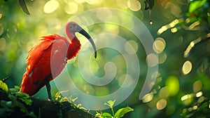 Beautiful bird, red ibis, Eudocimus ruber, an unusual animal, portrait, close-up against the background of a tropical forest