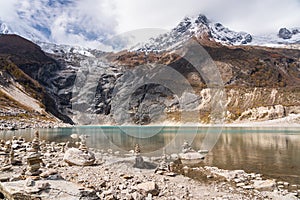 Beautiful Birendra lake in Samagaun village in Manaslu circuit trek, Himalaya mountains range in Nepal