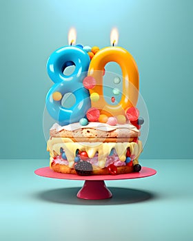 A beautiful birthday cake with a 80 years candle