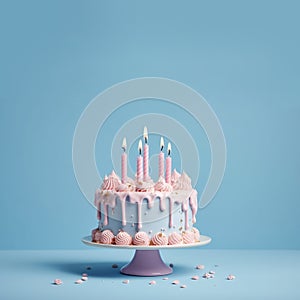 Beautiful birthday cake, on blue background with copy space. Ai generative. Illustration