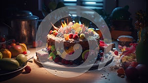 Beautiful birthday cake with various fruits and berries