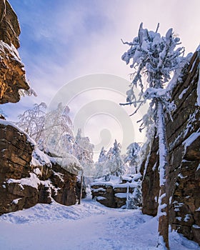 Beautiful bizarre rocks in the famouse place `Stone city` in the Perm region, Middle Ural mountains, Russia