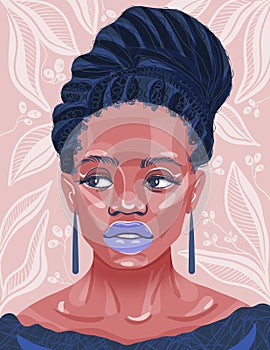 Beautiful Black Afro Woman Portrait. Avatar of elegant girl in boho authentic modern style. Girl in white floral