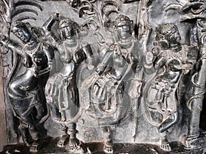 Beautiful Black Basalt Sculptures at the Ramappa Temple inside the maha Mandapa, Warangal, Telangana, Bharat