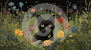 A Beautiful Black Cat In A Field Of Flowers