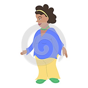 Beautiful black curvy woman wearing blue blouse. Body positive vector illustration