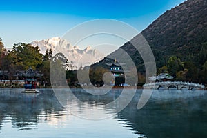 Beautiful of Black Dragon Pool with Jade Dragon Snow Mountain background, landmark and popular spot for tourists attractions near