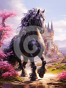 Beautiful black draught horse long flowing mane fantasy Generative AI