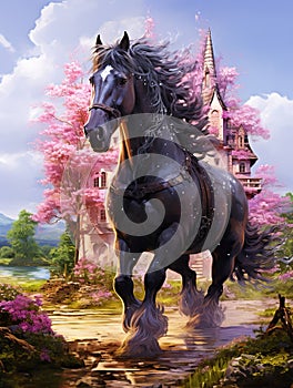 Beautiful black draught horse long flowing mane fantasy Generative AI