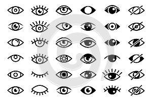 Beautiful black eyes icons collection. Images of open and closed eyes, vector observation and search signs